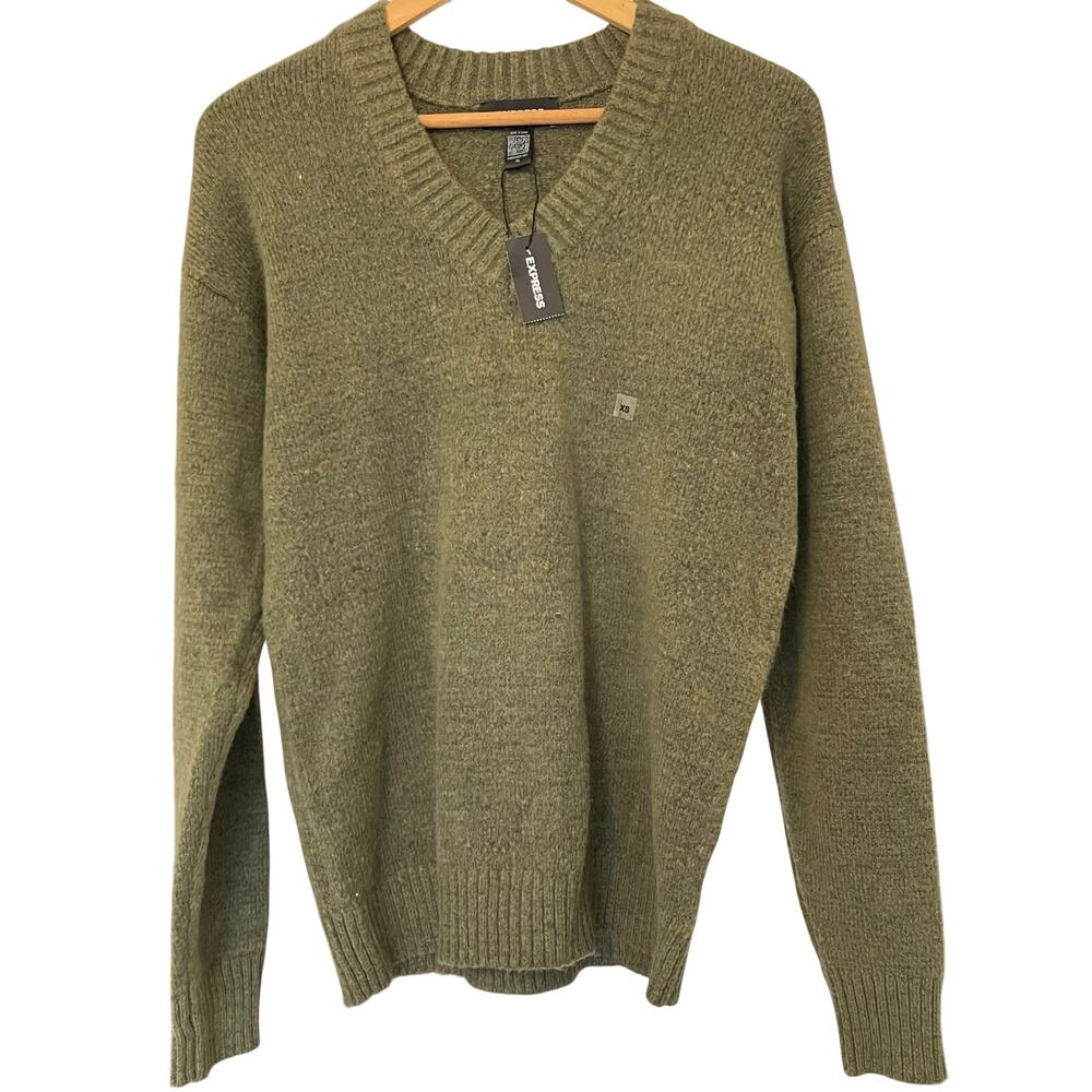 NWT Express Women's Cotton Blend V-Neck Green Olive Sweater Size XS